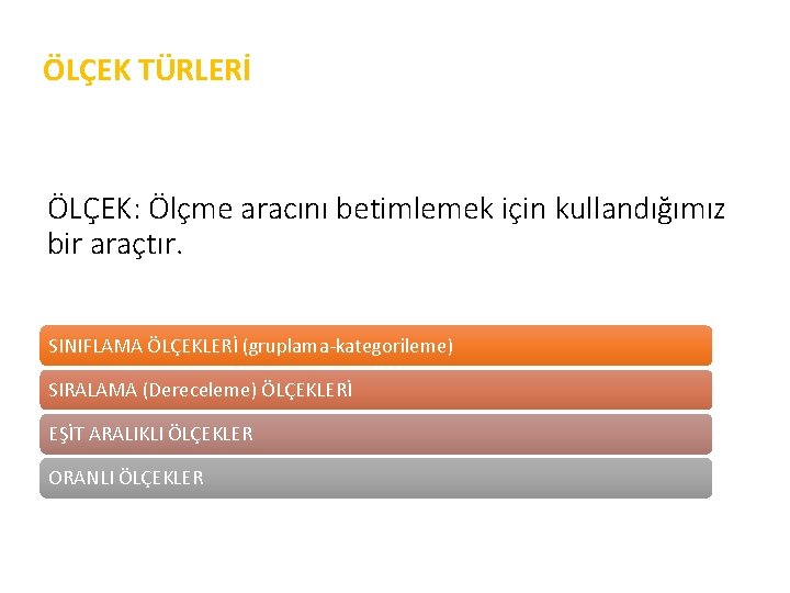 ÖLÇEK TÜRLERİ ÖLÇEK: Ölçme aracını betimlemek için kullandığımız bir araçtır. SINIFLAMA ÖLÇEKLERİ (gruplama-kategorileme) SIRALAMA