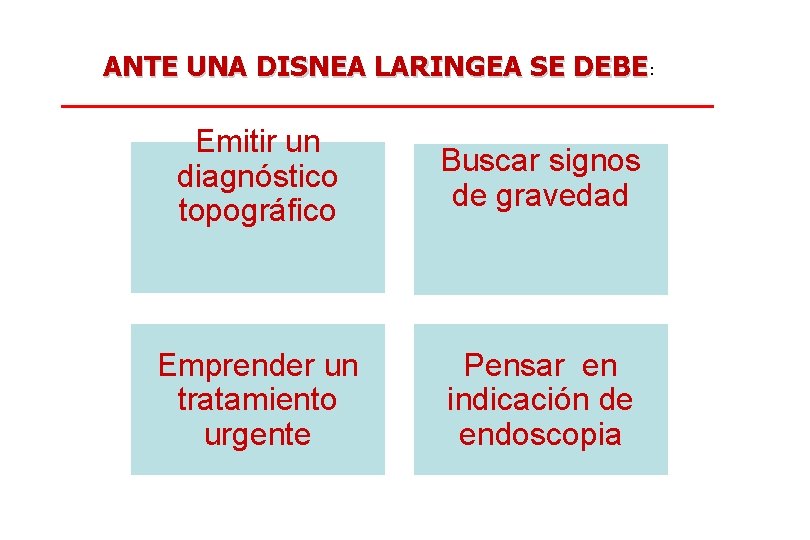 ANTE UNA DISNEA LARINGEA SE DEBE: Emitir un diagnóstico topográfico Buscar signos de gravedad