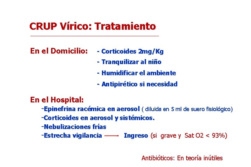 CRUP Vírico: Tratamiento En el Domicilio: - Corticoides 2 mg/Kg - Tranquilizar al niño