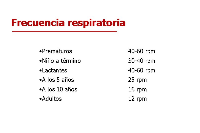 Frecuencia respiratoria • Prematuros 40 -60 rpm • Niño a término 30 -40 rpm