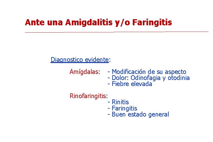 Ante una Amigdalitis y/o Faringitis Diagnostico evidente: Amígdalas: - Modificación de su aspecto -