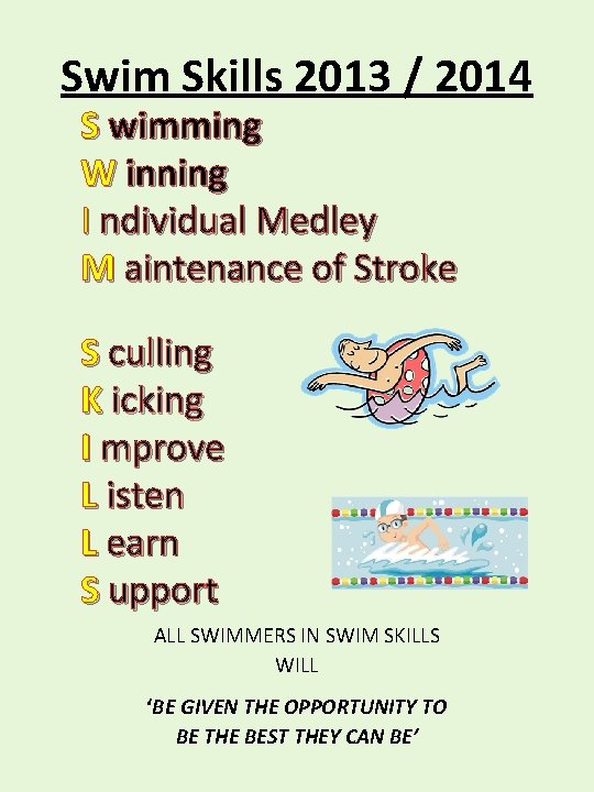 Swim Skills 2013 / 2014 S wimming W inning I ndividual Medley M aintenance