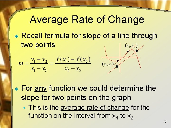 Average Rate of Change Recall formula for slope of a line through two points