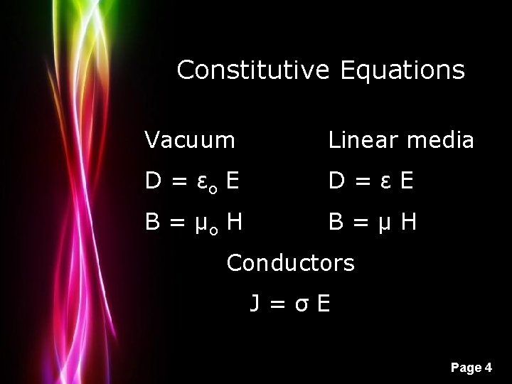 Constitutive Equations Vacuum Linear media D = εo E D=εE B = μo H