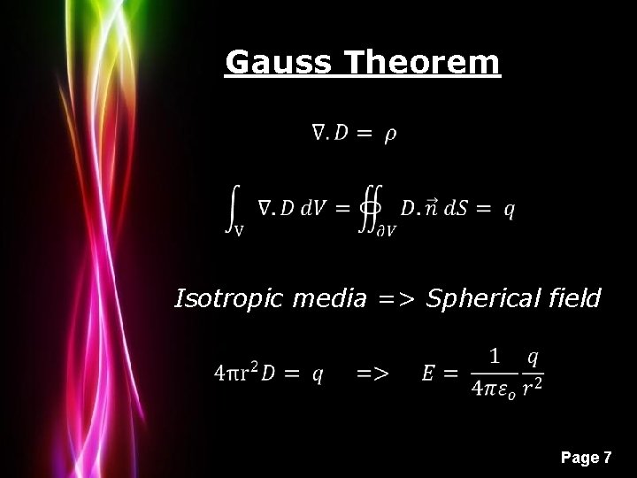 Gauss Theorem Isotropic media => Spherical field Powerpoint Templates Page 7 