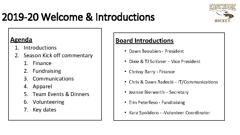 2019 -20 Welcome & Introductions Agenda 1. Introductions 2. Season Kick off commentary 1.