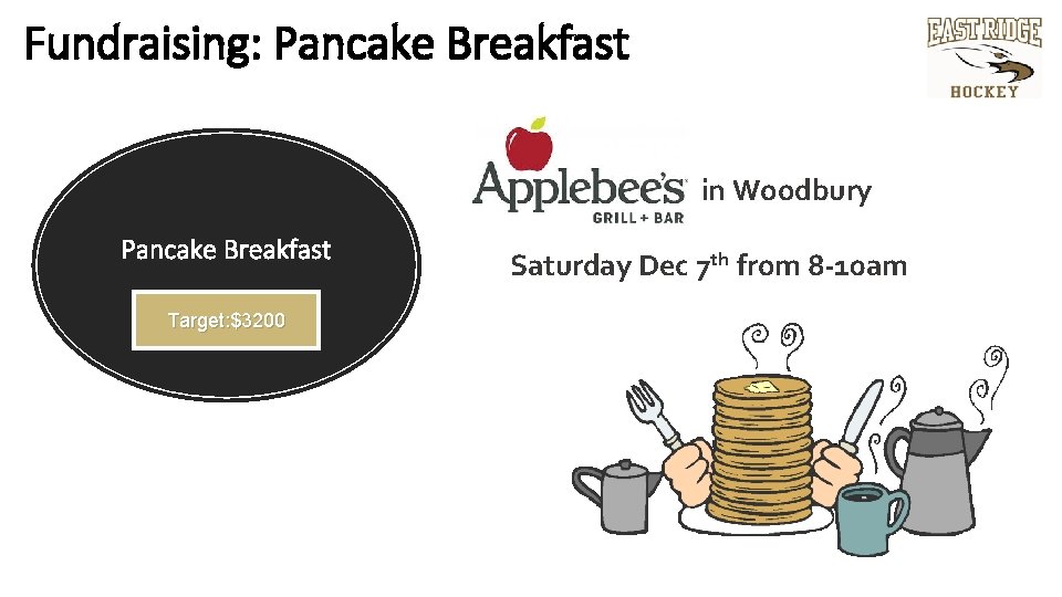 Fundraising: Pancake Breakfast in Woodbury Pancake Breakfast Target: $3200 Saturday Dec 7 th from