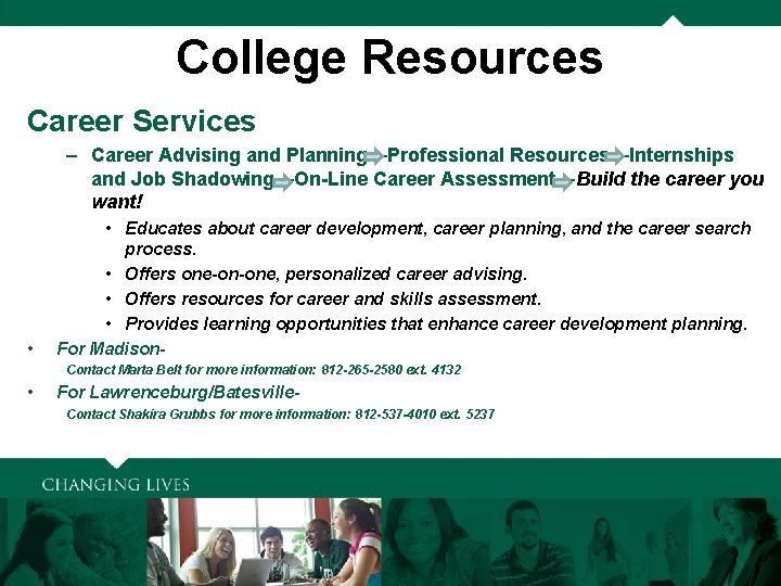 College Resources Career Services – Career Advising and Planning—Professional Resources—Internships and Job Shadowing—On-Line Career