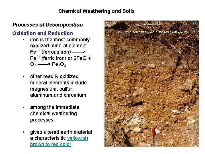 Chemical Weathering and Soils Processes of Decomposition Oxidation and Reduction • iron is the