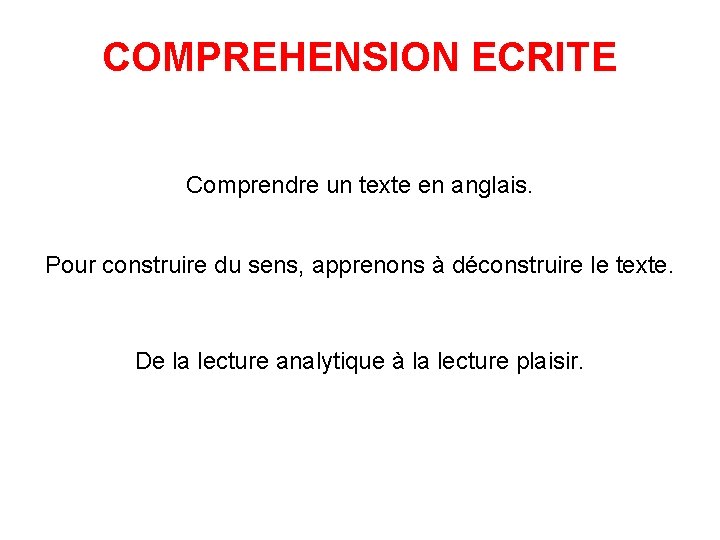 COMPREHENSION ECRITE Comprendre un texte en anglais. Pour construire du sens, apprenons à déconstruire