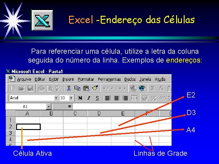 Excel -Endereço das Células Para referenciar uma célula, utilize a letra da coluna seguida