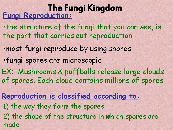 The Fungi Kingdom Fungi Reproduction: • the structure of the fungi that you can