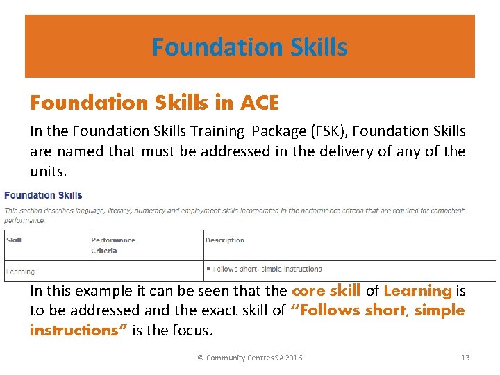 Foundation Skills in ACE In the Foundation Skills Training Package (FSK), Foundation Skills are