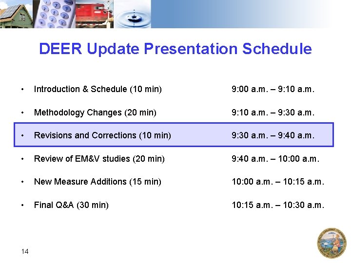 DEER Update Presentation Schedule • Introduction & Schedule (10 min) 9: 00 a. m.