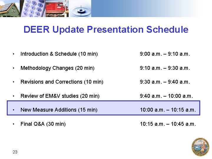 DEER Update Presentation Schedule • Introduction & Schedule (10 min) 9: 00 a. m.