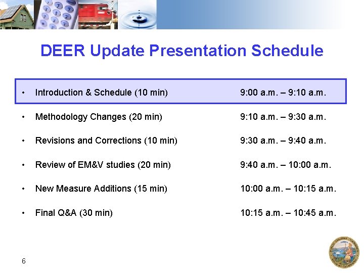 DEER Update Presentation Schedule • Introduction & Schedule (10 min) 9: 00 a. m.