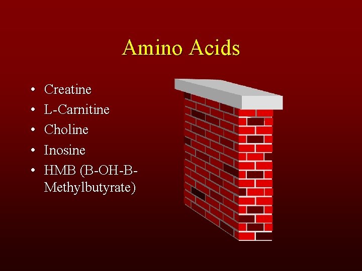 Amino Acids • • • Creatine L-Carnitine Choline Inosine HMB (B-OH-BMethylbutyrate) 