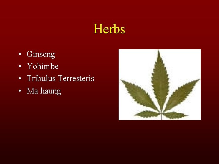 Herbs • • Ginseng Yohimbe Tribulus Terresteris Ma haung 