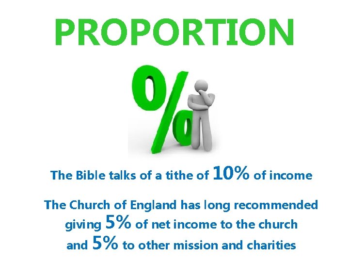 PROPORTION The Bible talks of a tithe of 10% of income The Church of