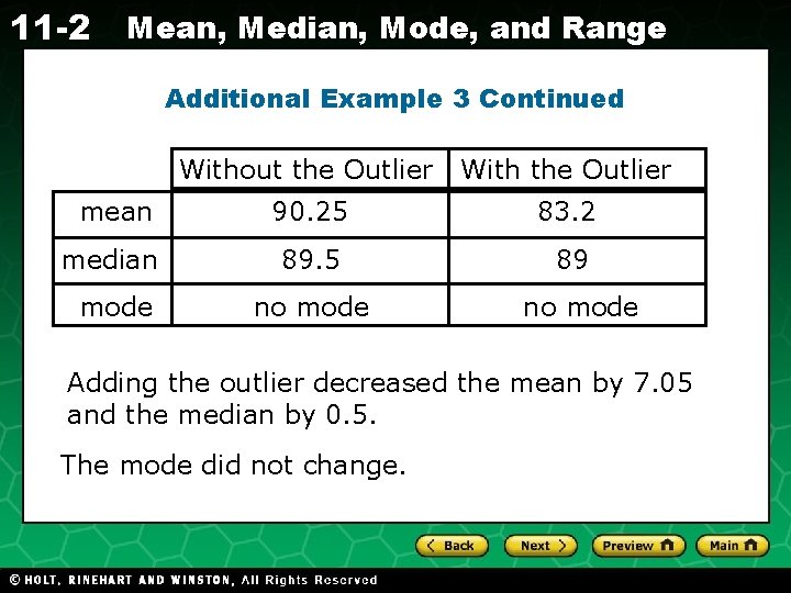 11 -2 Mean, Median, Mode, and Range Additional Example 3 Continued Without the Outlier