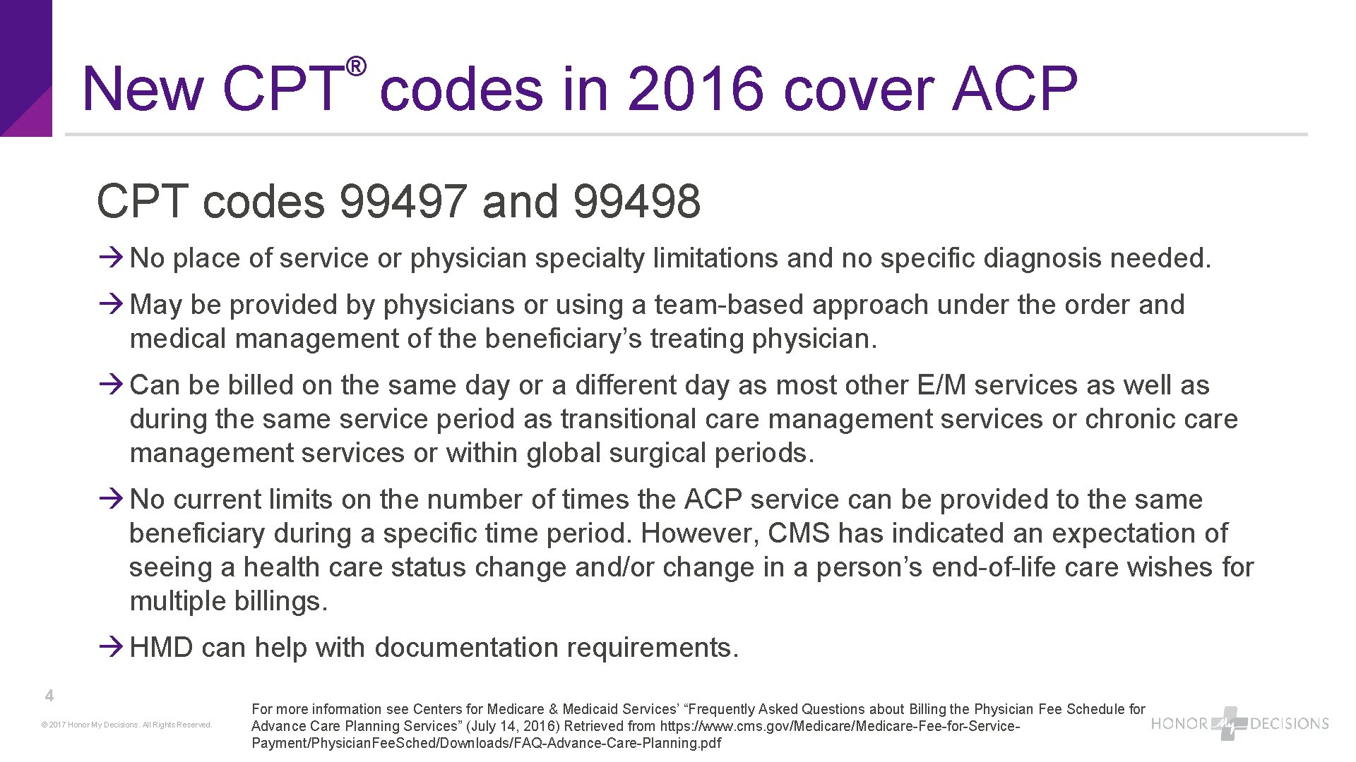 ® New CPT codes in 2016 cover ACP CPT codes 99497 and 99498 No