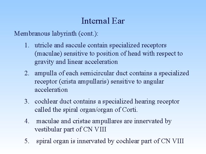 Internal Ear Membranous labyrinth (cont. ): 1. utricle and saccule contain specialized receptors (maculae)