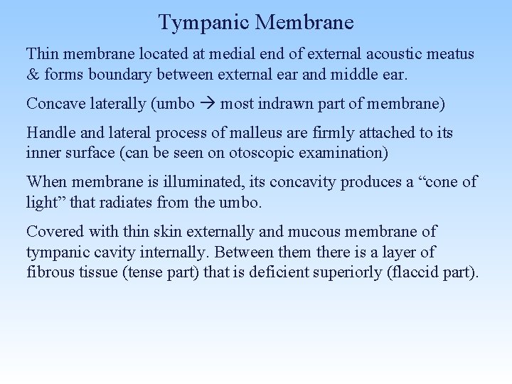 Tympanic Membrane Thin membrane located at medial end of external acoustic meatus & forms
