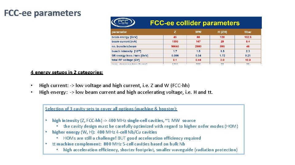 FCC-ee parameters 4 energy setups in 2 categories: • • High current: -> low