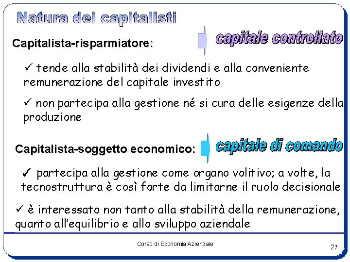 Capitalista-risparmiatore: tende alla stabilità dei dividendi e alla conveniente remunerazione del capitale investito non