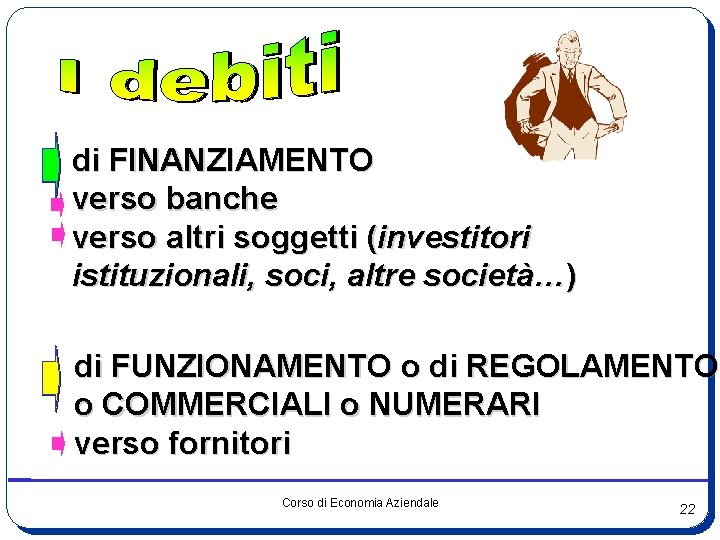 di FINANZIAMENTO verso banche verso altri soggetti (investitori istituzionali, soci, altre società…) di FUNZIONAMENTO