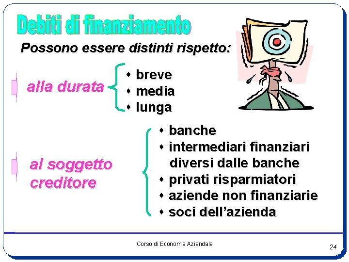 Possono essere distinti rispetto: alla durata al soggetto creditore breve media lunga banche intermediari