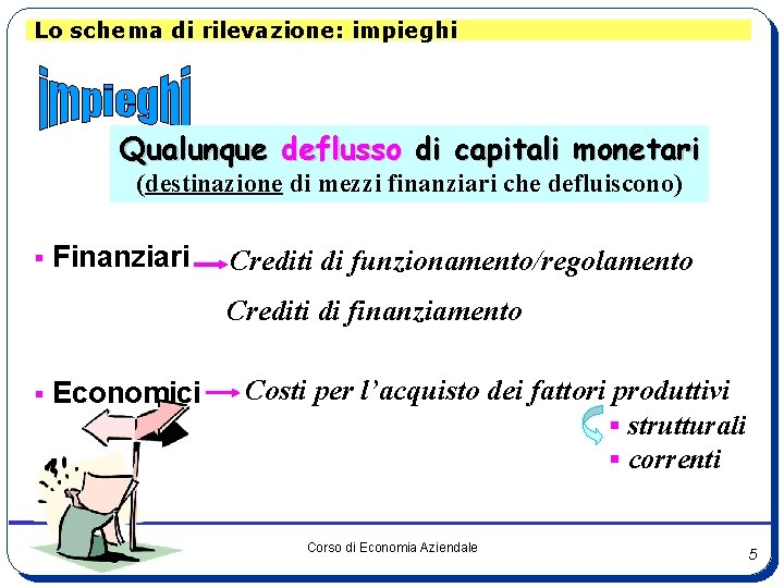 Lo schema di rilevazione: impieghi Qualunque deflusso di capitali monetari (destinazione di mezzi finanziari