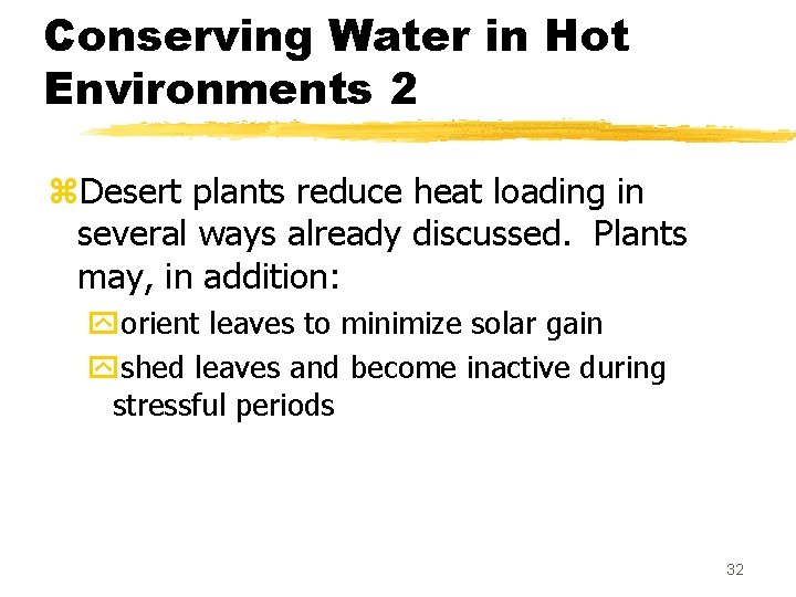 Conserving Water in Hot Environments 2 z. Desert plants reduce heat loading in several