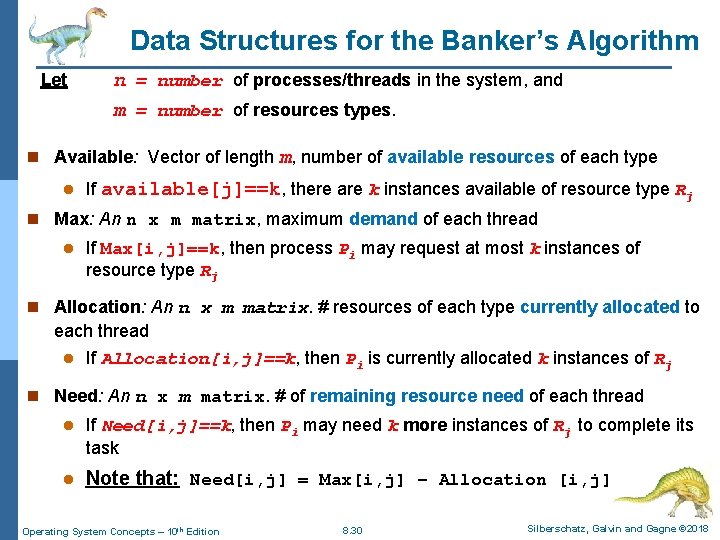 Data Structures for the Banker’s Algorithm Let n = number of processes/threads in the