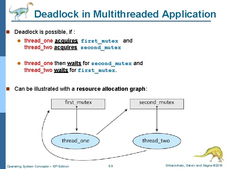 Deadlock in Multithreaded Application n Deadlock is possible, if : l thread_one acquires first_mutex