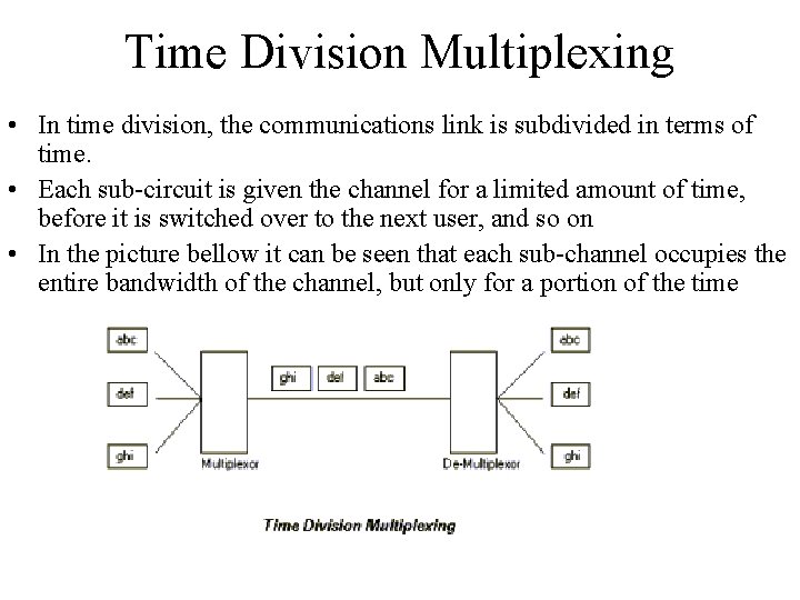 Time Division Multiplexing • In time division, the communications link is subdivided in terms