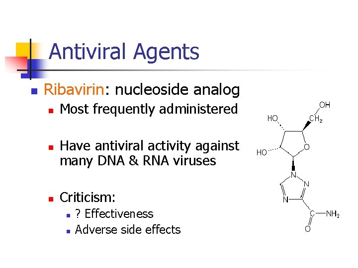 Antiviral Agents n Ribavirin: nucleoside analog n n n Most frequently administered Have antiviral