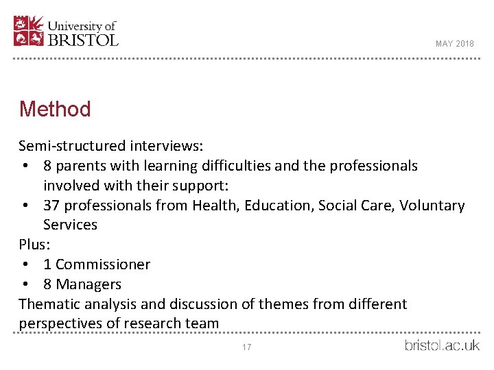 MAY 2018 Method Semi-structured interviews: • 8 parents with learning difficulties and the professionals