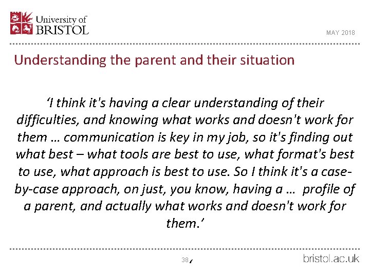 MAY 2018 Understanding the parent and their situation ‘I think it's having a clear