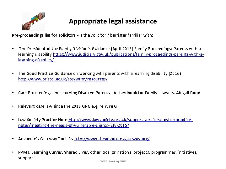 Appropriate legal assistance Pre-proceedings list for solicitors - Is the solicitor / barrister familiar