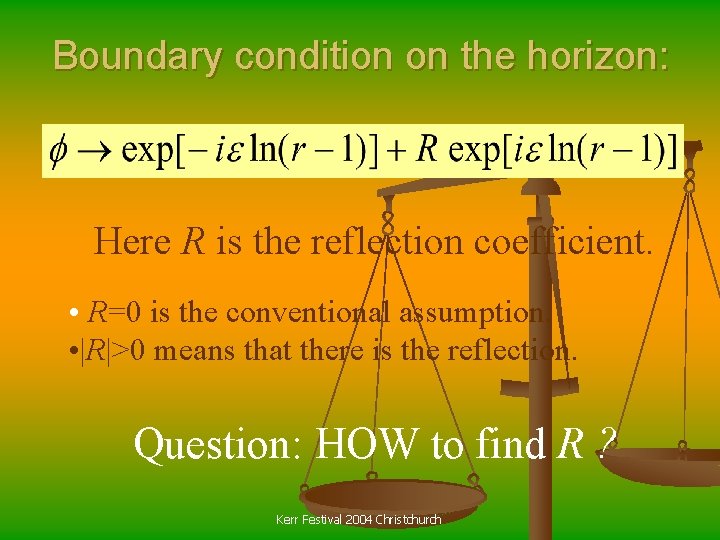 Boundary condition on the horizon: Here R is the reflection coefficient. • R=0 is