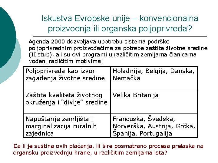 Iskustva Evropske unije – konvencionalna proizvodnja ili organska poljoprivreda? Agenda 2000 dozvoljava upotrebu sistema