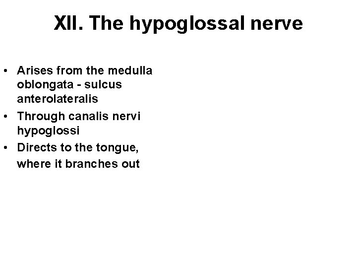 XII. The hypoglossal nerve • Arises from the medulla oblongata - sulcus anterolateralis •