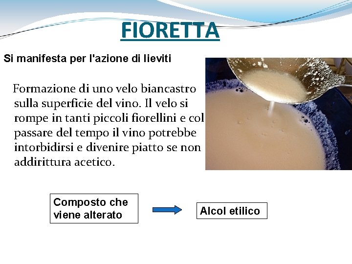 FIORETTA Si manifesta per l'azione di lieviti Formazione di uno velo biancastro sulla superficie