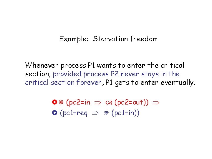 Example: Starvation freedom Whenever process P 1 wants to enter the critical section, provided Example: Starvation freedom Whenever process P 1 wants to enter the critical section, provided