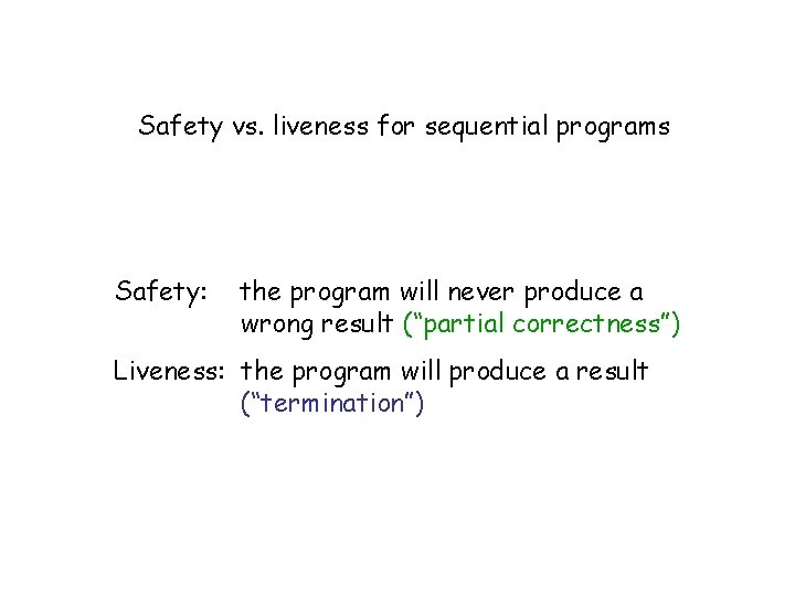 Safety vs. liveness for sequential programs Safety: the program will never produce a wrong Safety vs. liveness for sequential programs Safety: the program will never produce a wrong