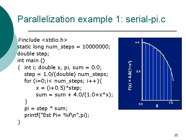 Parallelization example 1: serial-pi. c #include <stdio. h> static long num_steps = 10000000; double