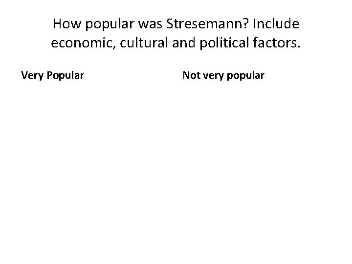 How popular was Stresemann? Include economic, cultural and political factors. Very Popular Not very How popular was Stresemann? Include economic, cultural and political factors. Very Popular Not very
