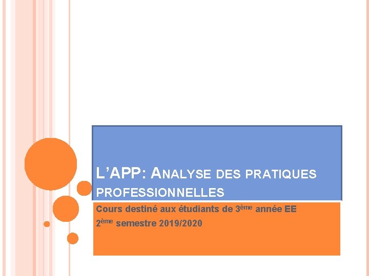 L’APP: ANALYSE DES PRATIQUES PROFESSIONNELLES Cours destiné aux étudiants de 3ème année EE 2ème