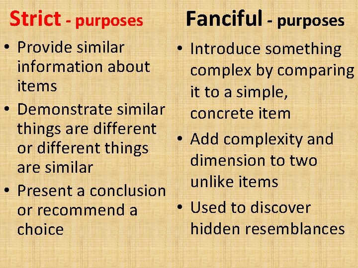 Strict - purposes Fanciful - purposes • Provide similar • Introduce something information about